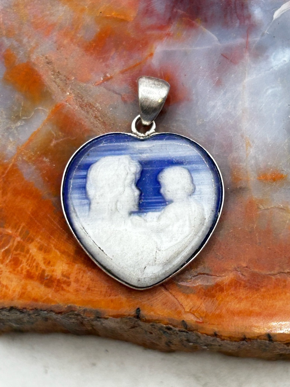 Sterling Silver Heart Cameo Pendant, mother and child